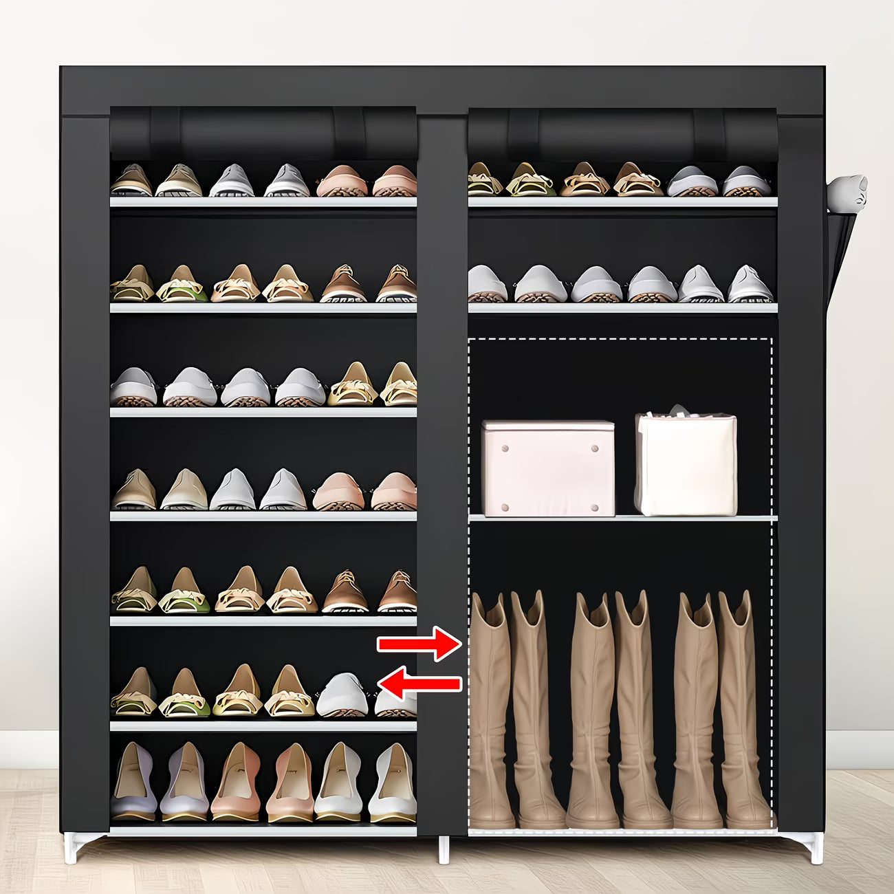 Double 7-Tier Shoe Rack with Roll-Up Dust Covers