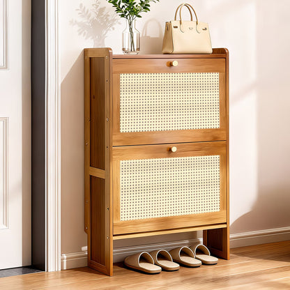 2-Door Rattan Shoe Cabinet with Flip Drawers