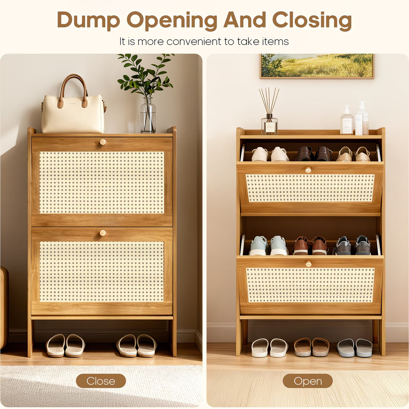 2-Door Rattan Shoe Cabinet with Flip Drawers