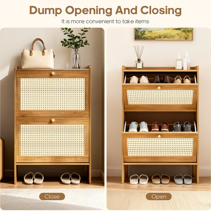 2-Door Rattan Shoe Cabinet with Flip Drawers