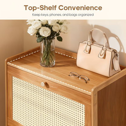2-Door Rattan Shoe Cabinet with Flip Drawers