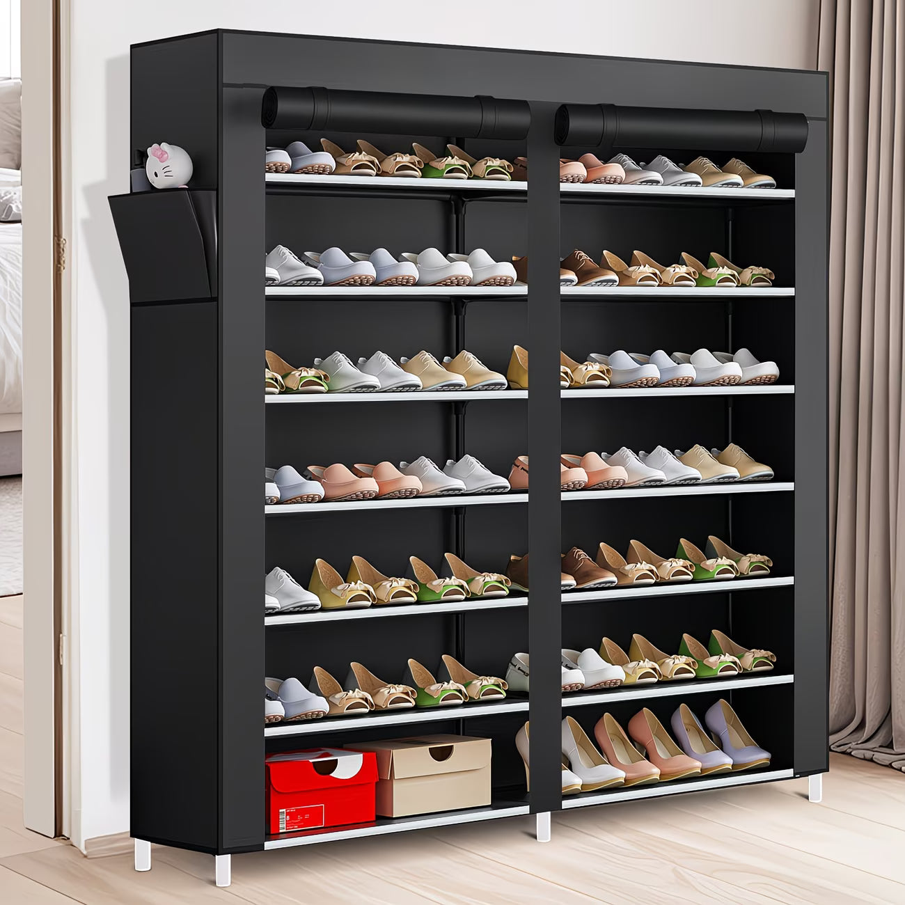 Double 7-Tier Shoe Rack with Roll-Up Dust Covers
