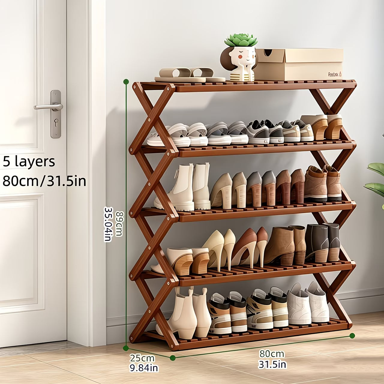 5-Tier X-Frame Wooden Shoe Rack Organizer