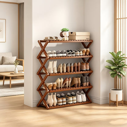 5-Tier X-Frame Wooden Shoe Rack Organizer